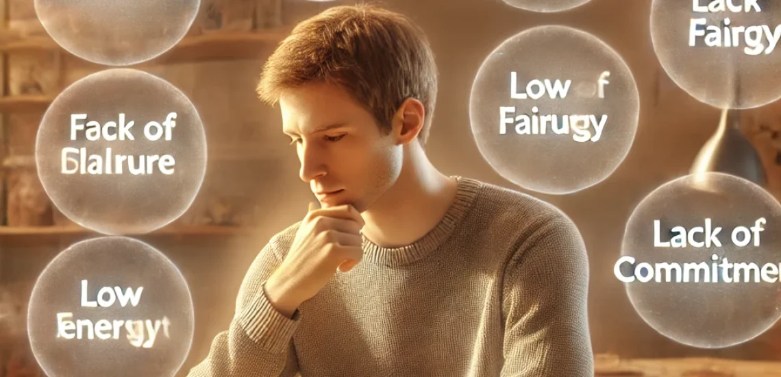 44Tage - A realistic image of a person sitting at a desk, appearing hesitant and thoughtful, surrounded by subtle visual cues representing six barriers to star