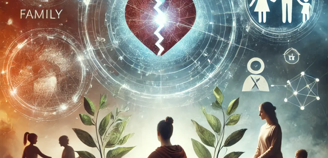 44Tage - A serene, therapeutic scene showing a person in contemplation, surrounded by symbols representing complex family experiences and trust issues. The bac