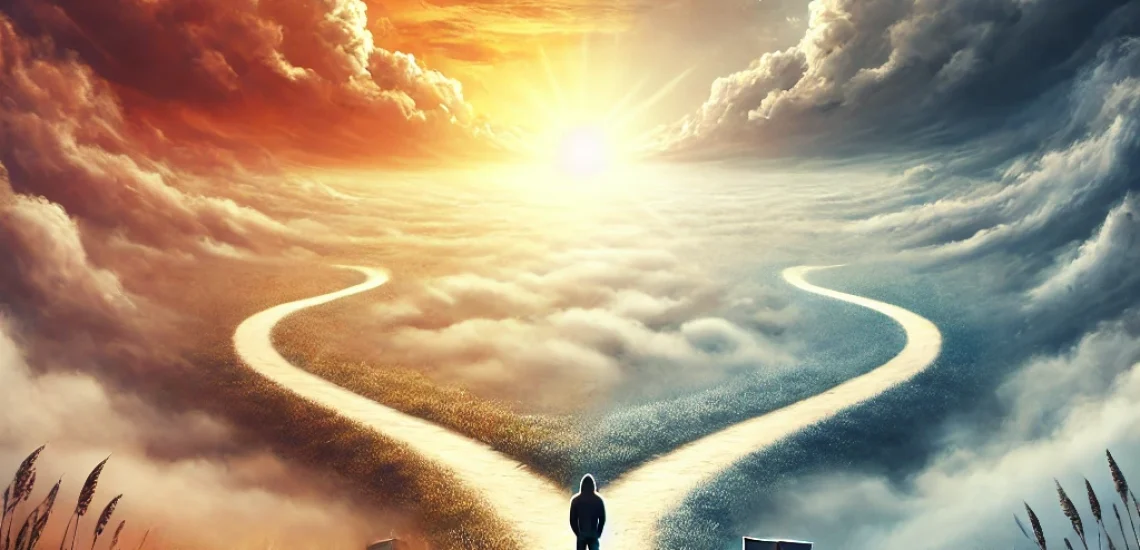 44Tage - A symbolic and realistic image blending real-life and imaginative elements, showing a person standing at a forked path under a dramatic sky. One path