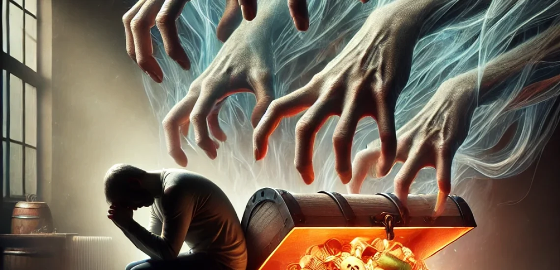44Tage - A symbolic and thought-provoking image representing greed as a hidden illness. The scene shows a person tightly clutching an overflowing treasure ches