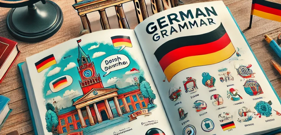 44Tage - A visually engaging educational scene featuring an open German grammar book with vibrant illustrations. The background includes iconic German elements