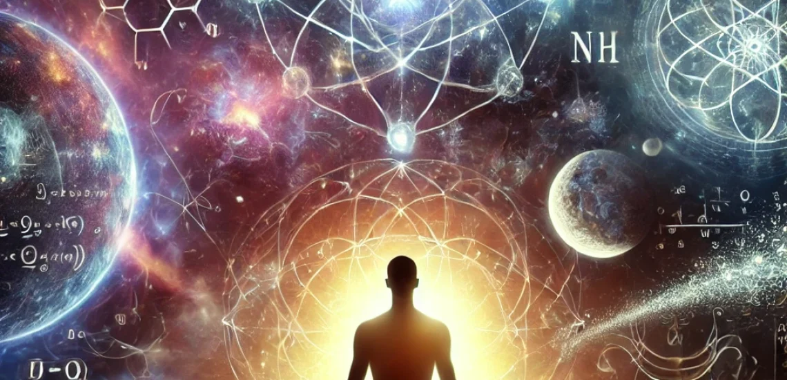 44Tage - An artistic and symbolic image illustrating the integration of scientific theories and mystical spirituality. The image features a person meditating i