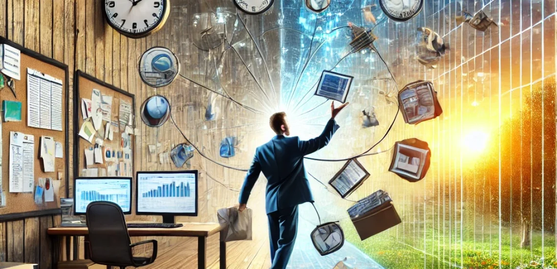 44Tage - An artistic yet realistic depiction showing a person juggling multiple activities, representing the habit of relying on excitement and stress to accom