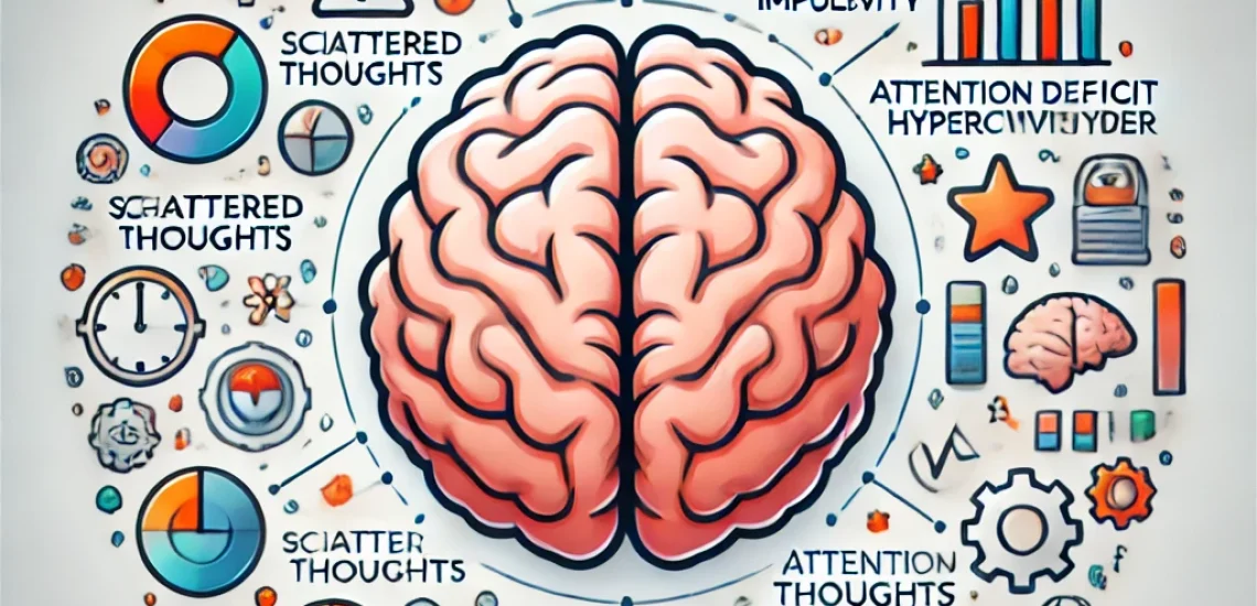 44Tage - An informative illustration depicting ADHD (Attention Deficit Hyperactivity Disorder), showcasing a conceptual brain image with areas highlighting foc